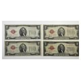 Lot of 4 Red Seal 1928 $2 US Notes Circulated