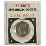 1938-D Jefferson Nickel in Vtg Dept Store Holder