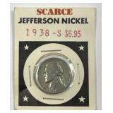 1938-S Jefferson Nickel in Vtg Dept Store Holder