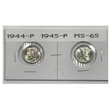 1944 & 1945 Mercury Dime Pair Uncirculated GEM BU