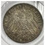 GERMANY PRUSSIA: 1910-A Silver 3 Marks