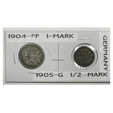 GERMANY: 1904-FF 1 Mark & 1905-G Silver 1/2 Mark
