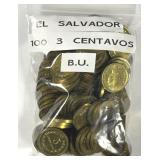 EL SALVADOR: Lot of 100 Three Centavos BU