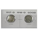 1917-D & 1918-D Buffalo Nickel Pair Good G
