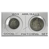 1853 Seated Quarter & Half Arrows & Rays Pair