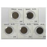 Five 1864-1866 Two Cent Piece Type Coins