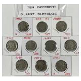 Ten Different Denver Mint Buffalo Nickels