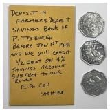 1918 Farmers Deposits Savings 1/2c Aluminum Tokens