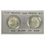 MEXICO: Pair 1962 Silver Un Pesos Uncirculated UNC