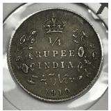 INDIA: 1910 Silver 1/4 Rupee Extra Fine XF