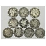 Lot of 10 Silver Barber Dimes Good G+
