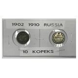 RUSSIA: 1902 & 1910 Silver 10 Kopeks Pair