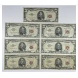 Lot of Seven 1963 $5 Red Seal US Note AA Block