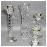 3 Crystal Cut Candle Sticks and Crystal Vase