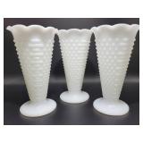 3 Hobnail Milk Glass Vases