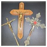 3 Vintage Religious Crosses Brass Wood Etc.