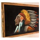 Indian Chief Portrait on Velvet in Wood Frame