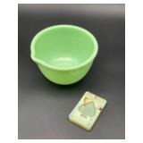 Fluorescing Jadeite Glass Bowl & Akro Agate Ace