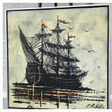 Framed Mid-Century Modern Ship Painting by C. Robe