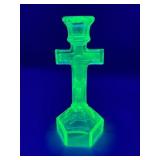 Fluorescing Aqua Glass Crucifix Candlestick