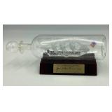 Hand Blown Glass Ship in Bottle on Wooden Base