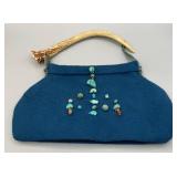 Blue Felt Handbag with Antler Handle & Beadwork