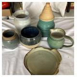 Hand Crafted Pottery Lot of 6 Vases, Plate, Pitche