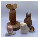 Five Owl Figurines in Wood, Clay & Porcelain