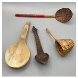 4 Primitive Handcrafted Spoons & Strainer