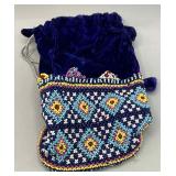 Navy Blue Crushed Velvet Potli Bag with Beaded Emb