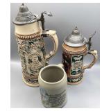 3 German Beer Steins, 13, 10 & 6 ins.