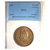 1938 10 Litai NNC MS65 Lithuania