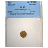 1853 Cal Gilt Token NNC MS65 Liberty-Bear