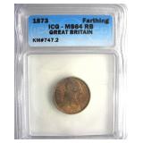 1873 Farthing ICG MS64 RB Great Britain