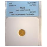 1858 Cal Gilt Token NNC MS66 Liberty-Wreath