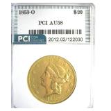 1853-O Gold $20 AU58 LISTS $45000 RARITY