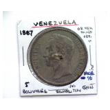 1887 5 Bolivares Venezuela RARE DATE