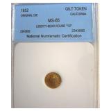1852 Cal Gilt Token NNC MS65 Liberty-Bear
