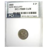 1953 3 Pence PCI PR69 CAM New Zealand