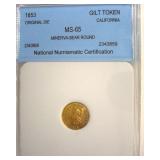 1853 Cal Gilt Token NNC MS65 Minerva-Bear