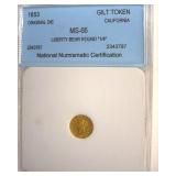 1853 Cal Gilt Token NNC MS66 Liberty-Bear
