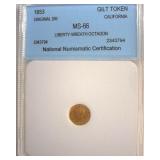 1853 Cal Gilt Token NNC MS66 Liberty-Wreath