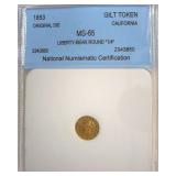 1853 Cal Gilt Token NNC MS65 Liberty-Bear