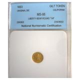 1853 Cal Gilt Token NNC MS66 Liberty-Bear