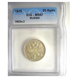 1915 20 Kopeks ICG MS67 Y#22a.2 Russia