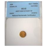 1854 Cal Gilt Token NNC MS66 Liberty-Bear
