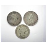1901 1906 1919 25 Cents Canada 3 Pc Lot