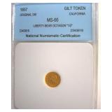 1857 Cal Gilt Token NNC MS66 Liberty-Bear