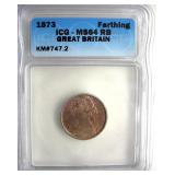 1873 Farthing ICG MS64 RB Great Britain
