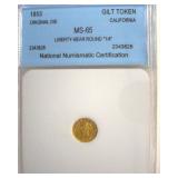 1853 Cal Gilt Token NNC MS65 Liberty-Bear